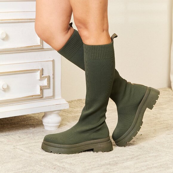 Knee High Platform Sock Boots in Olive Green - Picture 5 of 5